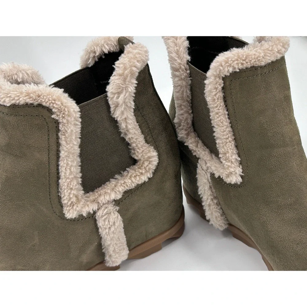 Sugar Haylei Hidden Heel Fur Trim Ankle Booties Olive Green Apres Ski Nordic